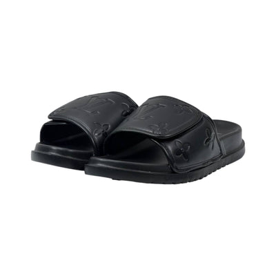 🖤 Louis Vuitton Monogram Embossed Comfort Slides – All Black Edition - MASTERPIECE