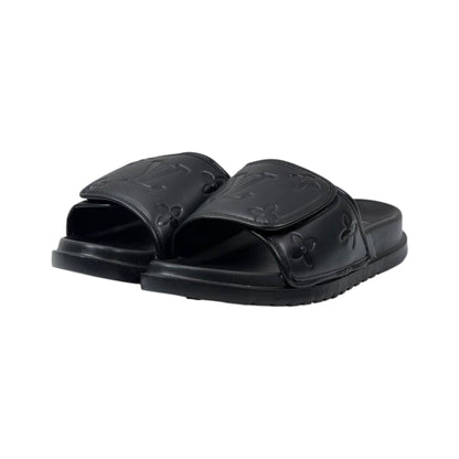 🖤 Louis Vuitton Monogram Embossed Comfort Slides – All Black Edition - MASTERPIECE