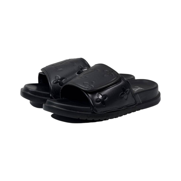 🖤 Louis Vuitton Monogram Embossed Comfort Slides – All Black Edition