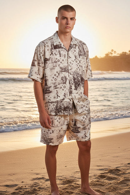 Louis Vuitton Monogram Resort Co-Ord Set for Men – Premium Printed Shirt & Shorts Summer Outfit ✨ - MASTERPIECE