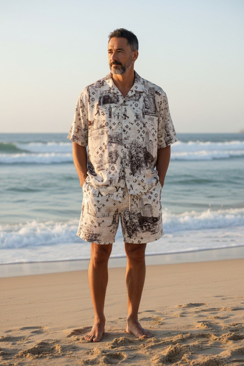Louis Vuitton Monogram Resort Co-Ord Set for Men – Premium Printed Shirt & Shorts Summer Outfit ✨ - MASTERPIECE