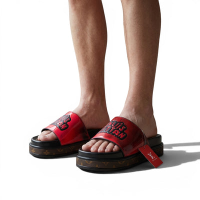 Louis Vuitton Red Platform Slides – Luxury Monogram Statement Sandals ❤️👡 - MASTERPIECE