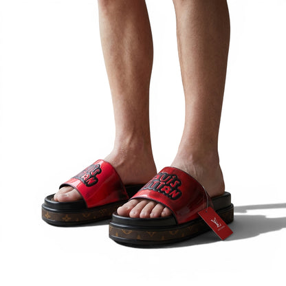 Louis Vuitton Red Platform Slides – Luxury Monogram Statement Sandals ❤️👡 - MASTERPIECE