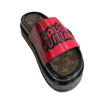 Louis Vuitton Red Platform Slides – Luxury Monogram Statement Sandals ❤️👡 - MASTERPIECE