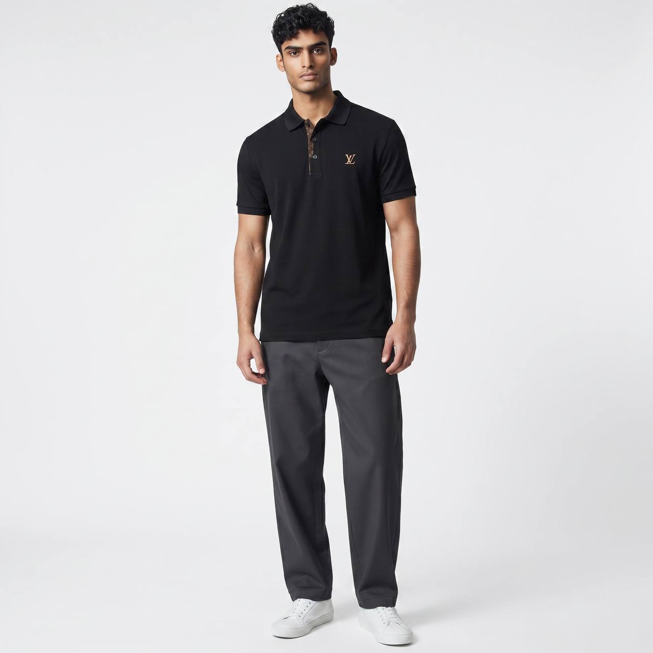 🖤 Louis Vuitton Style Black Polo – Monogram Detail Luxury Essential 👕✨ - MASTERPIECE