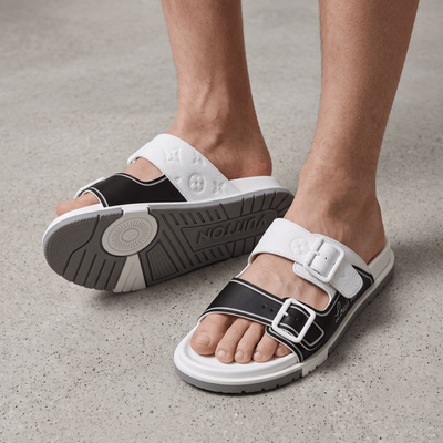 Louis Vuitton White & Black Double Buckle Luxury Slides - MASTERPIECE