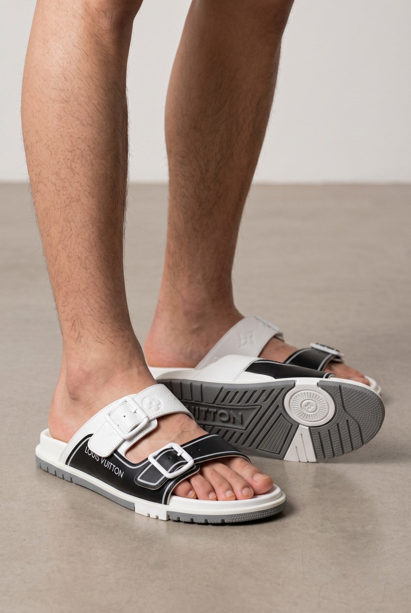 Louis Vuitton White & Black Double Buckle Luxury Slides - MASTERPIECE