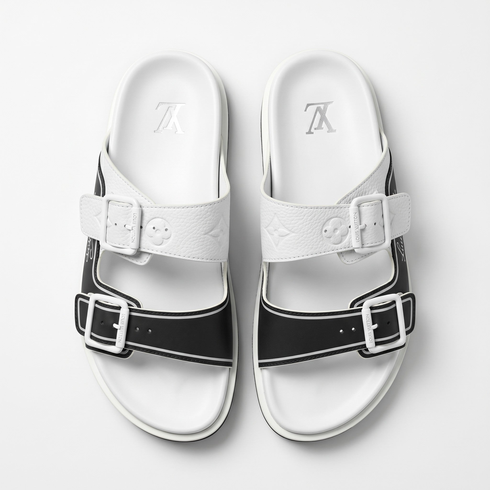 Louis Vuitton White & Black Double Buckle Luxury Slides - MASTERPIECE