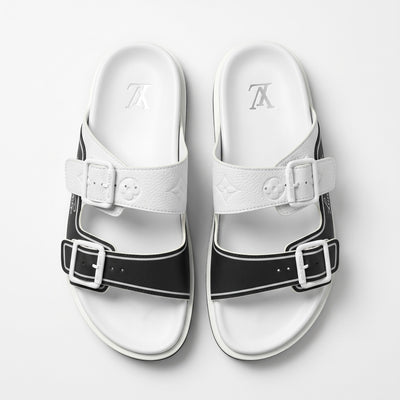 Louis Vuitton White & Black Double Buckle Luxury Slides - MASTERPIECE