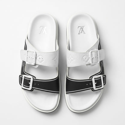 Louis Vuitton White & Black Double Buckle Luxury Slides - MASTERPIECE