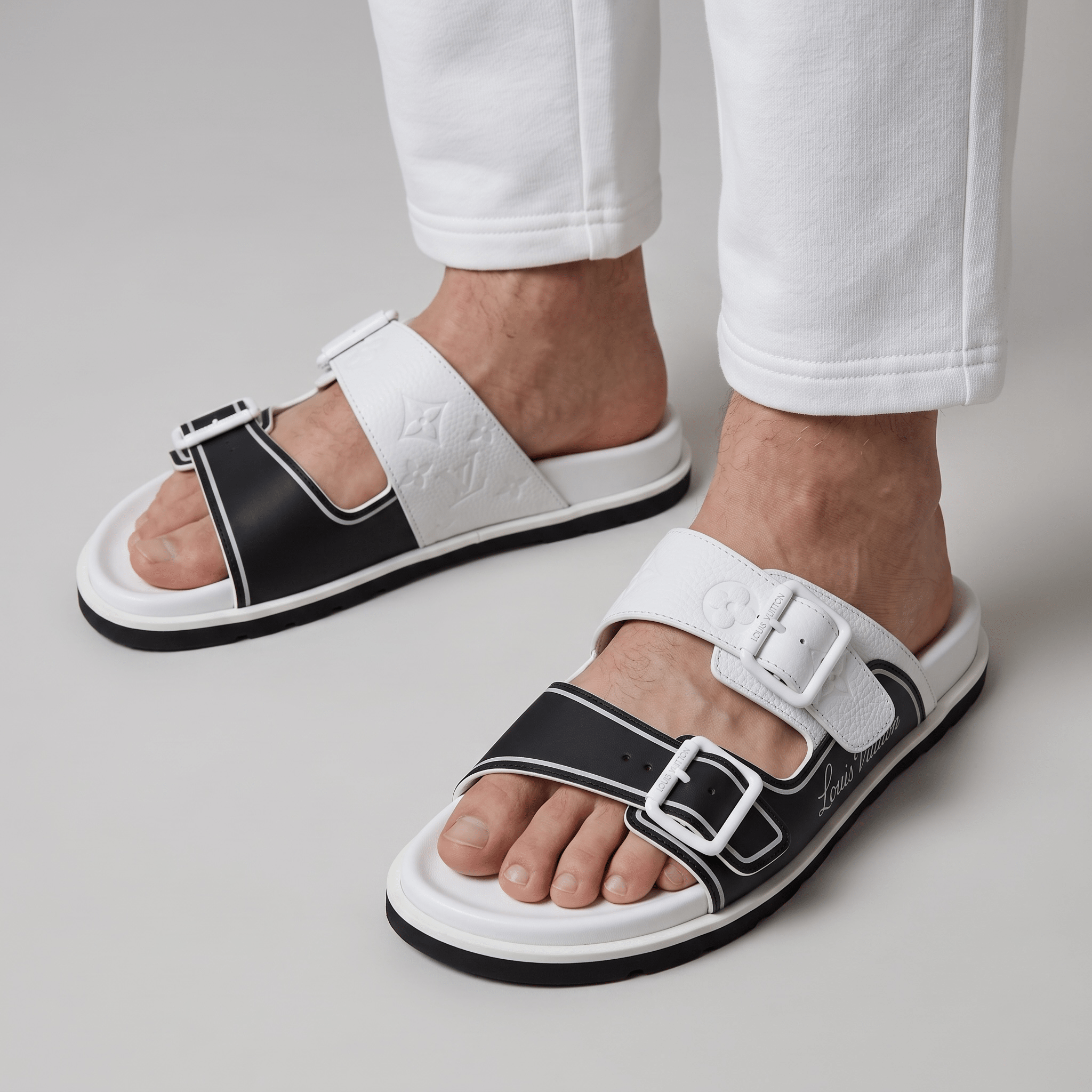 Louis Vuitton White & Black Double Buckle Luxury Slides - MASTERPIECE
