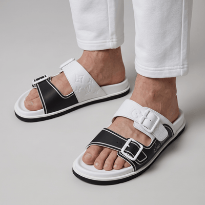 Louis Vuitton White & Black Double Buckle Luxury Slides - MASTERPIECE