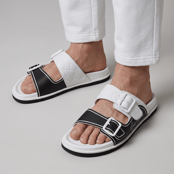 Louis Vuitton White & Black Double Buckle Luxury Slides