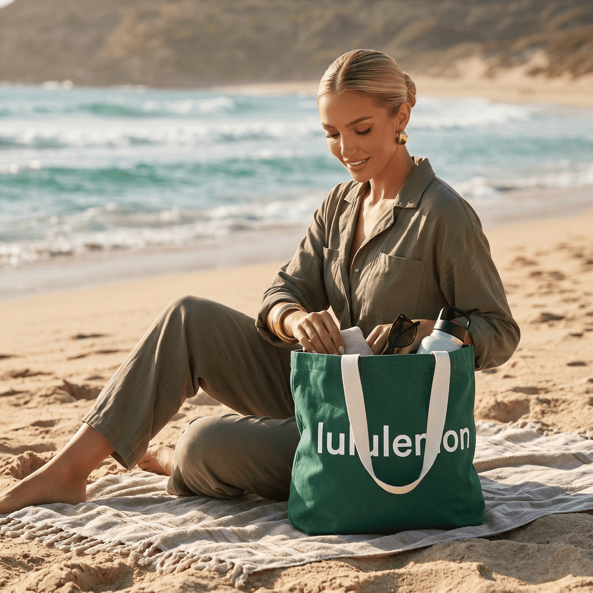 Lululemon Canvas Logo Tote — Forest Green White - MASTERPIECE