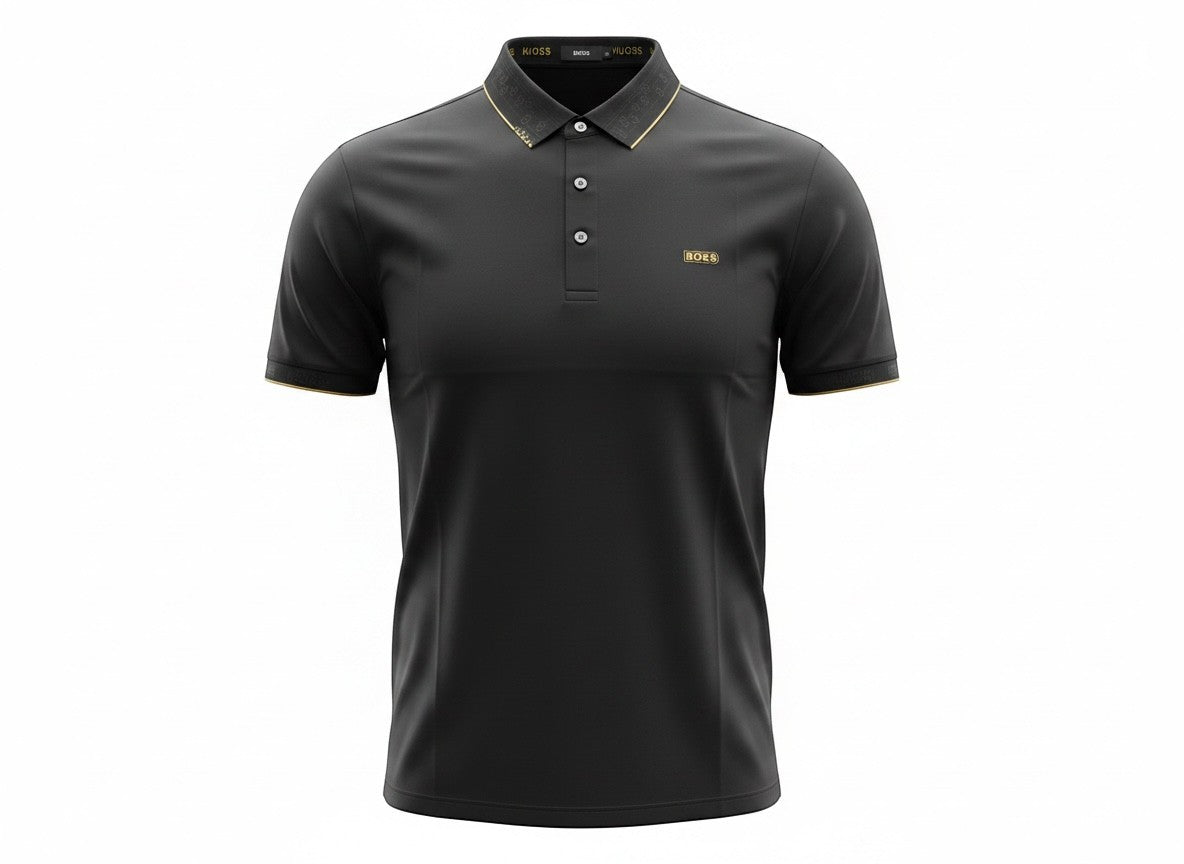 MASTERPIECE BOSS black polo shirt with gold detailing on collar and chest logo. Smooth fabric, tailored fit.