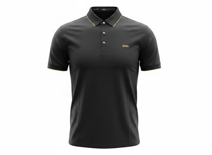 MASTERPIECE BOSS black polo shirt with gold detailing on collar and chest logo. Smooth fabric, tailored fit.