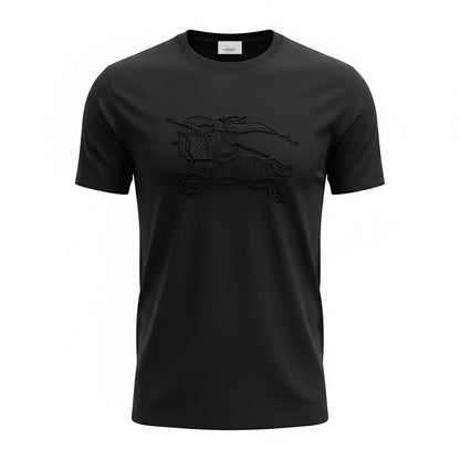 MASTERPIECE black cotton t-shirt with tonal embossed Burberry knight logo. Classic crew neck, short sleeves.