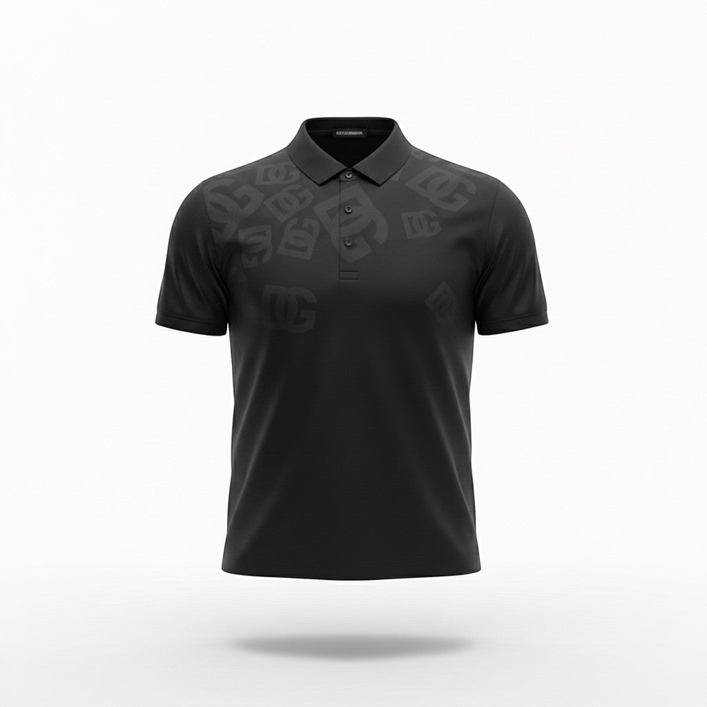 MASTERPIECE black short-sleeve polo shirt with all-over subtle DG monogram print and classic collar.