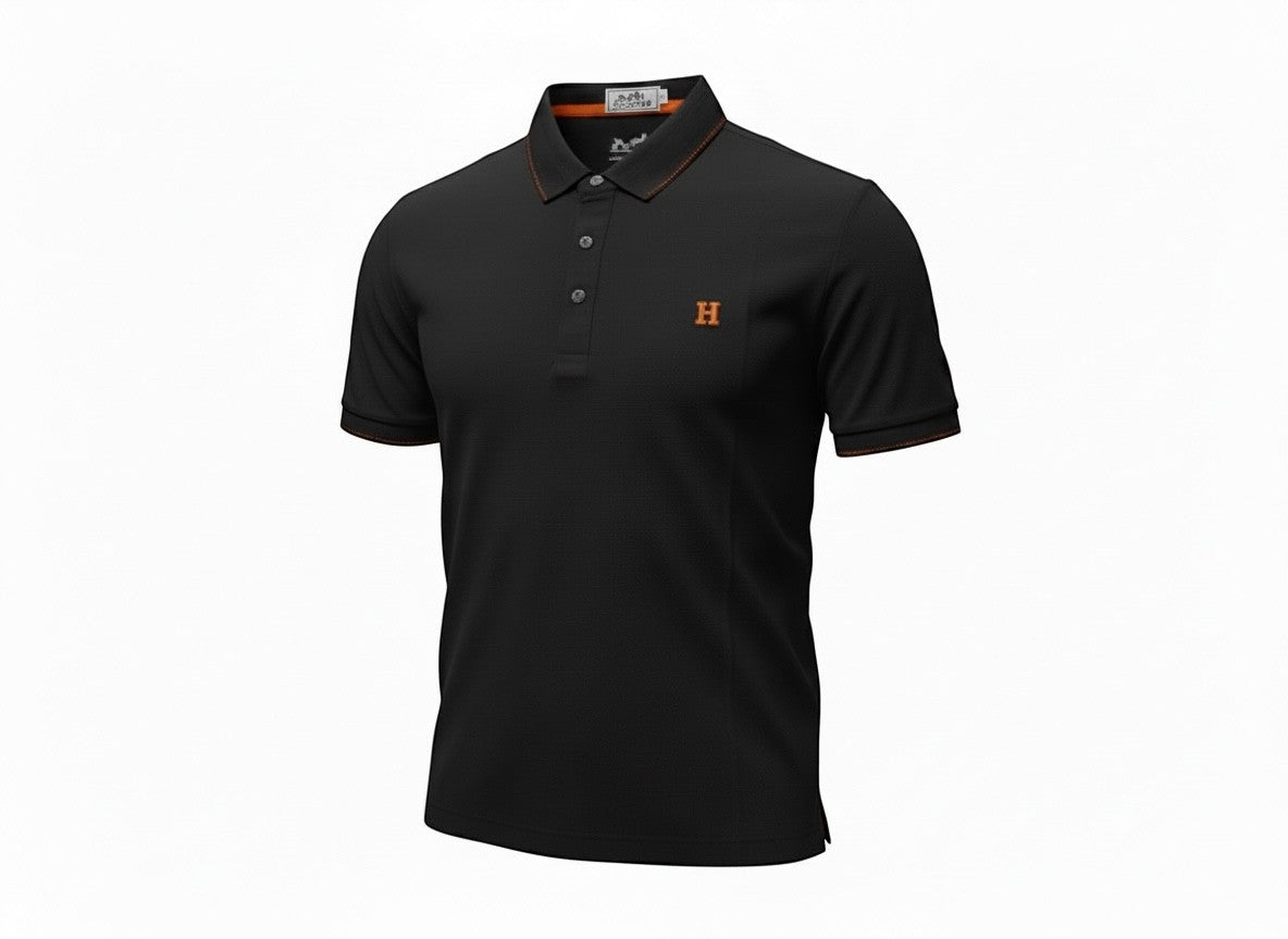MASTERPIECE black textured polo shirt with orange embroidered H logo and trim. Classic collar, button placket, tailored fit.