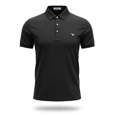 MASTERPIECE black stretch-fabric polo shirt with classic collar, button placket, and signature chest logo. Slim fit.