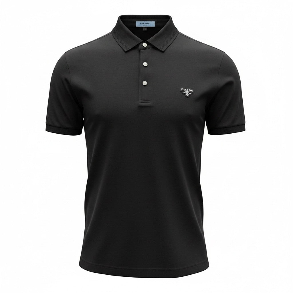MASTERPIECE black short-sleeve polo shirt with classic collar and subtle Prada chest logo. Slim fit, breathable fabric.