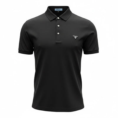 MASTERPIECE black short-sleeve polo shirt with classic collar and subtle Prada chest logo. Slim fit, breathable fabric.