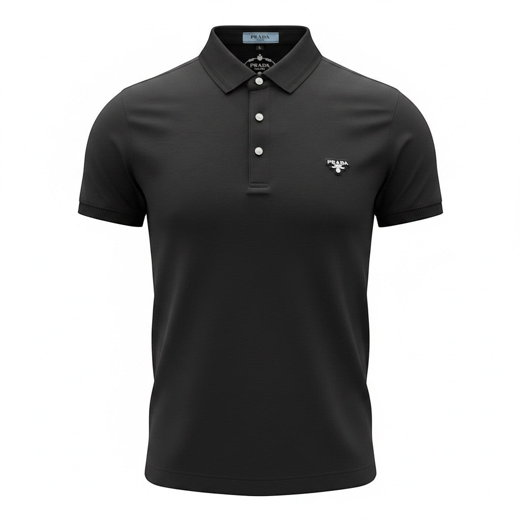 MASTERPIECE black Prada polo shirt with a slim fit, classic collar, and signature chest logo. Made from breathable stretch fabric.