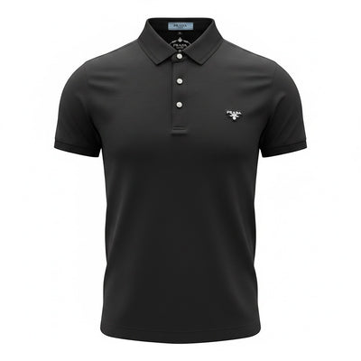 MASTERPIECE black Prada polo shirt with a slim fit, classic collar, and signature chest logo. Made from breathable stretch fabric.