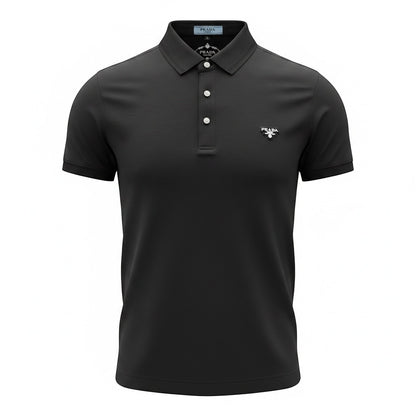 MASTERPIECE black Prada polo shirt with a slim fit, classic collar, and signature chest logo. Made from breathable stretch fabric.