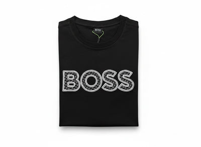 MASTERPIECE black cotton t-shirt with a textured BOSS logo across the chest. Classic crew neck, short sleeves.