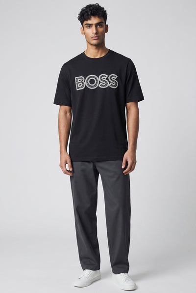 MASTERPIECE black cotton t-shirt with textured BOSS logo on chest, crew neck, short sleeves.