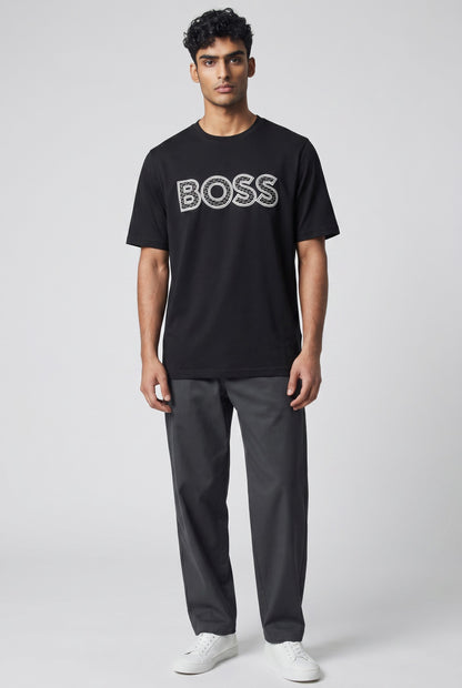MASTERPIECE black cotton t-shirt with textured BOSS logo on chest, crew neck, short sleeves.