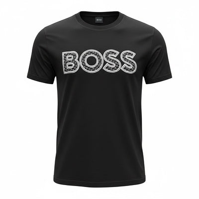 MASTERPIECE black cotton t-shirt with textured BOSS logo on chest, crew neck, short sleeves.