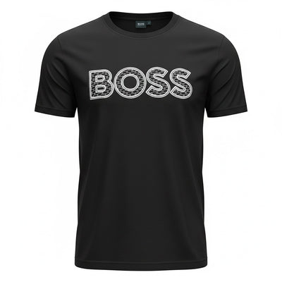 MASTERPIECE black cotton t-shirt with textured BOSS logo across the chest. Classic crew neck, short sleeves.