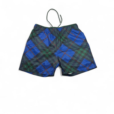 MASTERPIECE blue and green plaid swim shorts with elastic waistband and drawstring. Quick-dry fabric.
