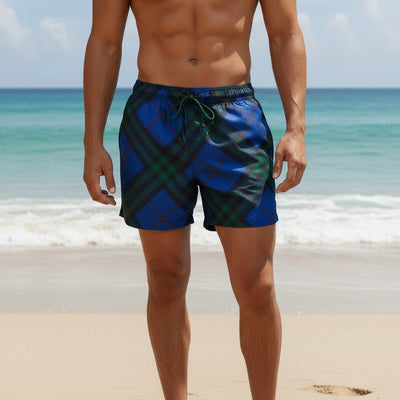 MASTERPIECE blue and green plaid swim shorts with drawstring waist, inspired by Burberry style.