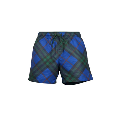 MASTERPIECE blue and green plaid swim shorts with elastic waistband and drawstring. Quick-dry fabric.