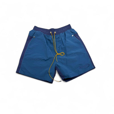 MASTERPIECE blue Rhude swim shorts with yellow drawstring and embroidered logo. Darker side panels and elastic waistband.