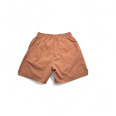 MASTERPIECE brown quick-dry swim shorts with elastic waist and oversized logo detail.
