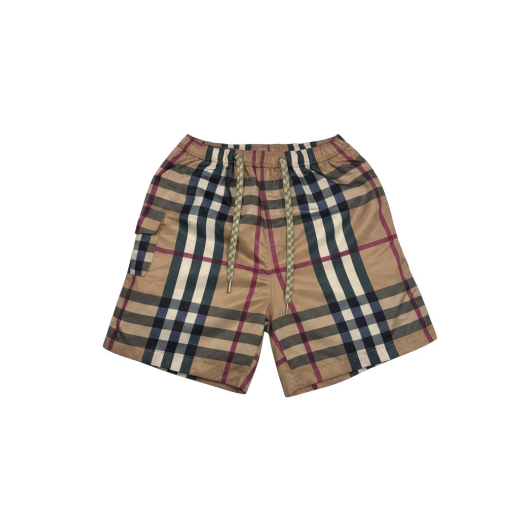 MASTERPIECE beige checkered swim shorts with drawstring elastic waistband and classic cut.