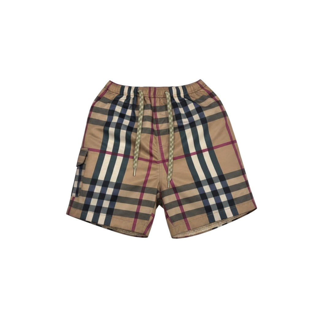 MASTERPIECE beige checkered swim shorts with drawstring and cargo pocket. Classic check pattern.