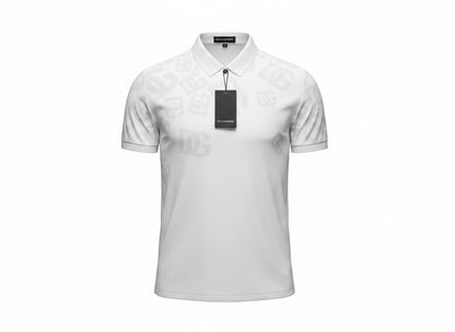 MASTERPIECE: Dolce & Gabbana white short-sleeve polo shirt with all-over subtle DG monogram print and classic collar.