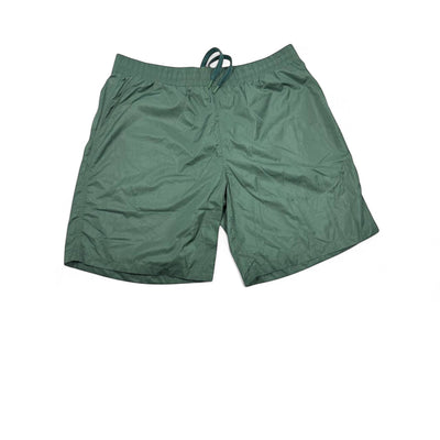 MASTERPIECE green technical fabric swim shorts with tonal monogram pattern and drawstring waist.