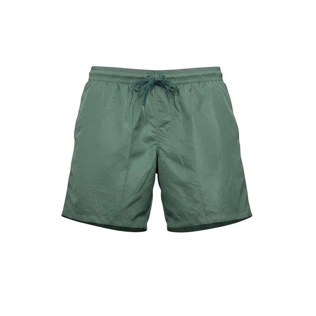 MASTERPIECE green technical fabric swim shorts with tonal monogram pattern and drawstring waist.
