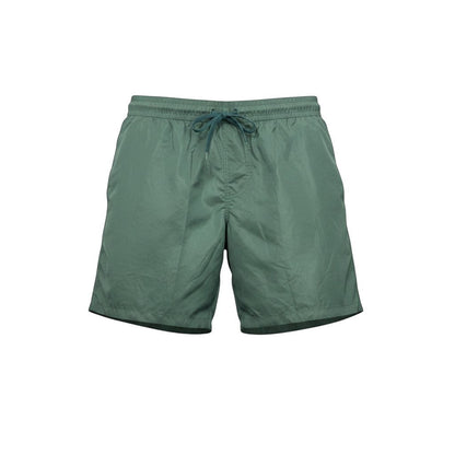 MASTERPIECE green technical fabric swim shorts with tonal monogram pattern and drawstring waist.