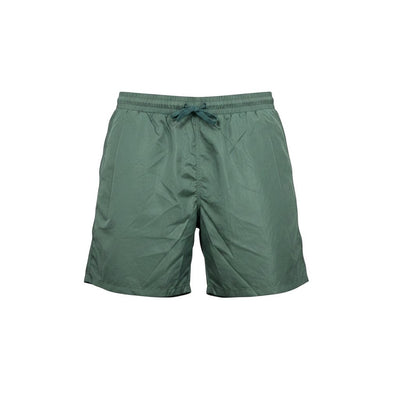 MASTERPIECE green technical fabric swim shorts with tonal monogram pattern and drawstring waist.