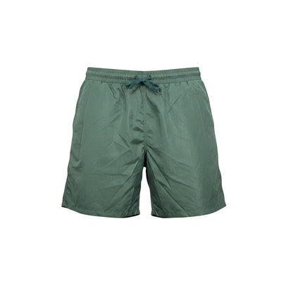 MASTERPIECE green technical fabric swim shorts with tonal monogram pattern and drawstring waist.