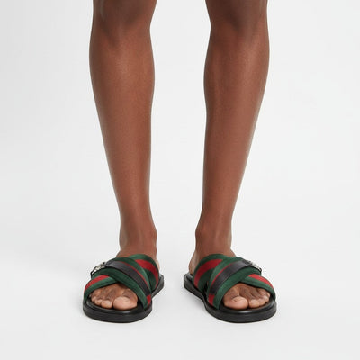 MASTERPIECE green and red web stripe cross strap slides with metallic detail. Luxury designer summer sandals.