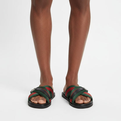 MASTERPIECE green and red web stripe cross strap slides with metallic detail. Luxury designer summer sandals.