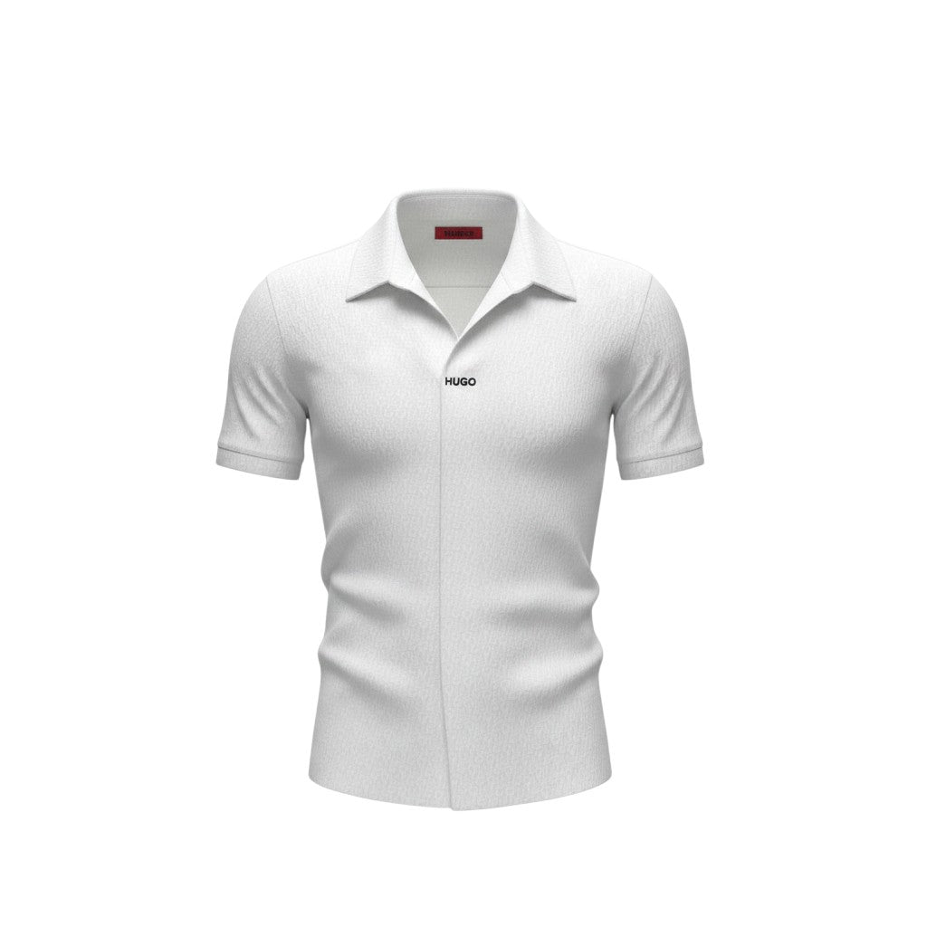 MASTERPIECE HUGO white short-sleeve polo shirt with subtle all-over monogram pattern and structured collar.